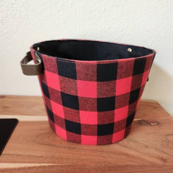 Red black plaid storage bucket cloth with handles - Picture 1 of 3